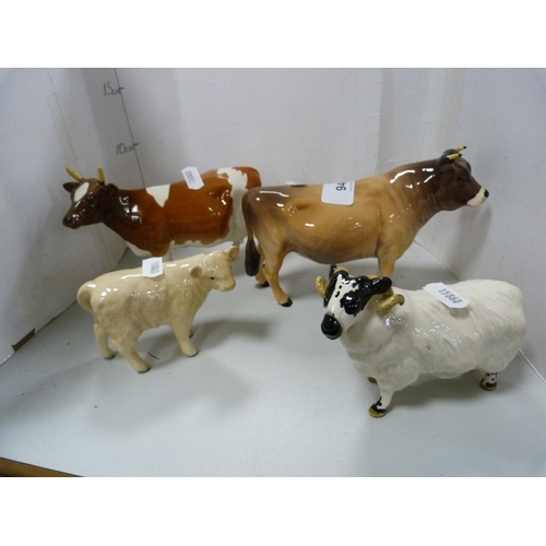 94 - Four Beswick figures including ram, calf, 'Dunsley Cottoy' cow and another cow, 'Ch. Ickham Bessie'.... 