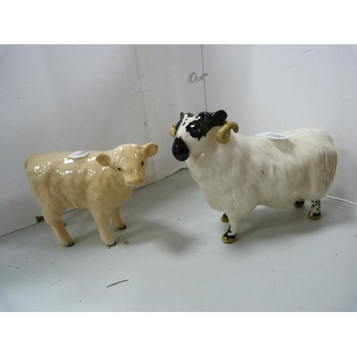 94 - Four Beswick figures including ram, calf, 'Dunsley Cottoy' cow and another cow, 'Ch. Ickham Bessie'.... 