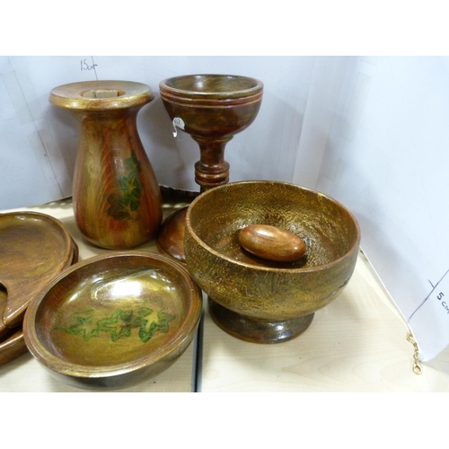 97 - Modern lacquer bowls and ornaments, trays, treen bowl with cover, Indian-style serving tray, figure ... 