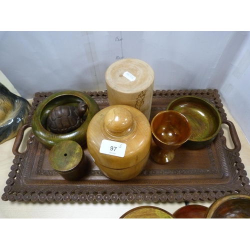 97 - Modern lacquer bowls and ornaments, trays, treen bowl with cover, Indian-style serving tray, figure ... 