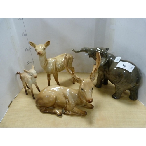 99 - Four assorted Beswick animal figures including an elephant, stag, no. 954, deer and fawn figures.  (... 