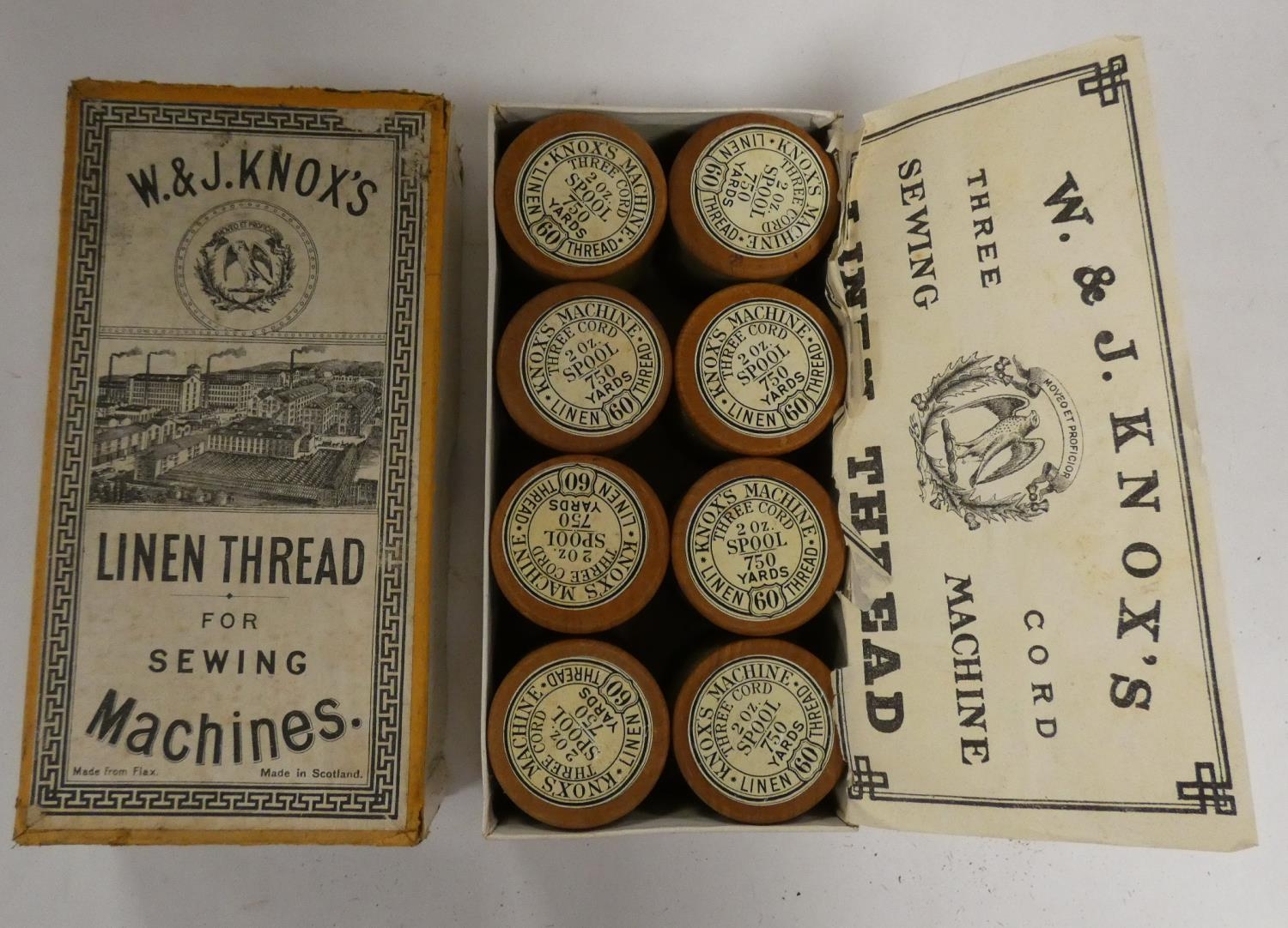 Antique box of W & J Knox's linen thread, for sewing machines.