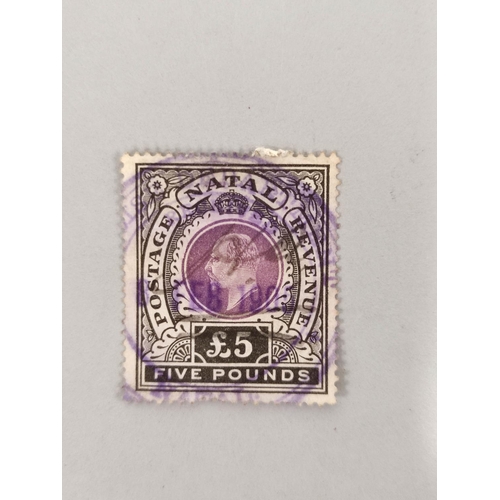 267 - 1902 Natal £5 black & mauve postage stamp postmarked for 8th February 1905.