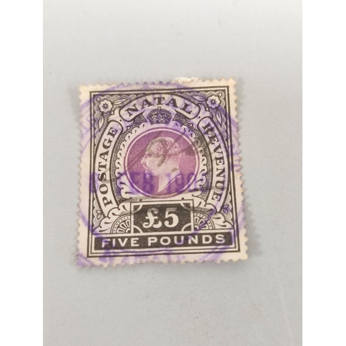 267 - 1902 Natal £5 black & mauve postage stamp postmarked for 8th February 1905.