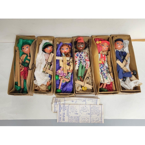 55 - Six vintage Pelham Puppets marionettes to include Sailor type SS, Tyrolean Boy etc. All with origina... 