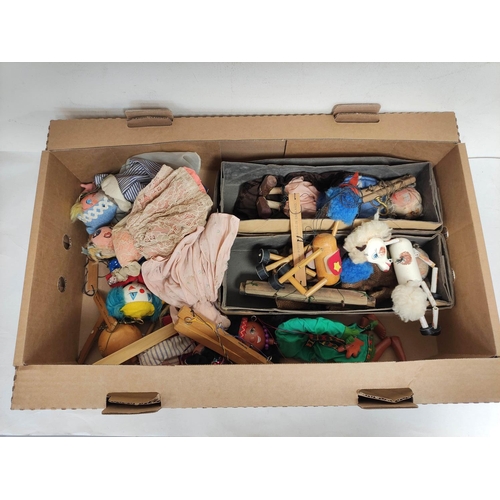 63 - Box containing a large quantity of 1950s/60s Pelham Puppets to include Horse etc. Most heavily play ... 