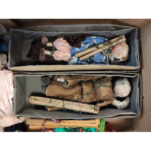 63 - Box containing a large quantity of 1950s/60s Pelham Puppets to include Horse etc. Most heavily play ... 