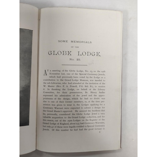 178 - SADLER HENRY.  Memorials of the Globe Lodge No. 23. Illus. Orig. maroon cloth gilt. Fldg. ... 