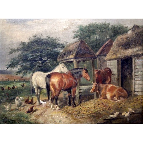 248 - S. J. Clark (Late19th/Early 20th Century British School).Horses, cattle and chickens in a farmyard.2... 