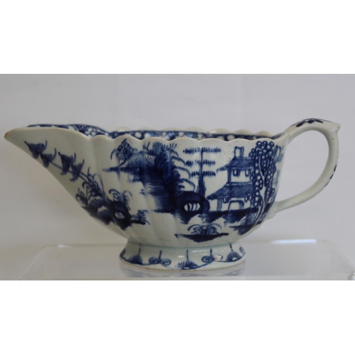 416 - Mid 18th century Bow porcelain blue and white ribbed sauceboat in 