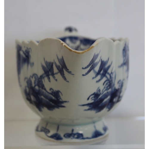 416 - Mid 18th century Bow porcelain blue and white ribbed sauceboat in 