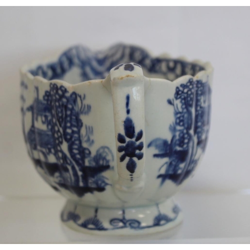 416 - Mid 18th century Bow porcelain blue and white ribbed sauceboat in 
