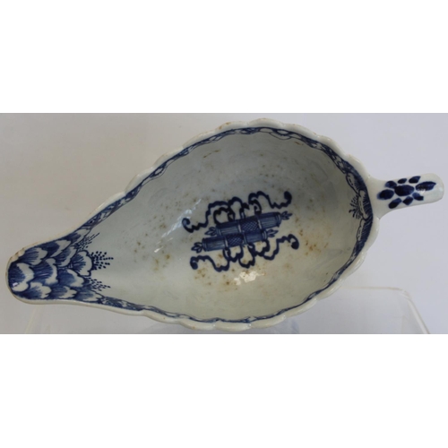 416 - Mid 18th century Bow porcelain blue and white ribbed sauceboat in 