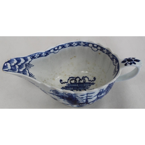 416 - Mid 18th century Bow porcelain blue and white ribbed sauceboat in 