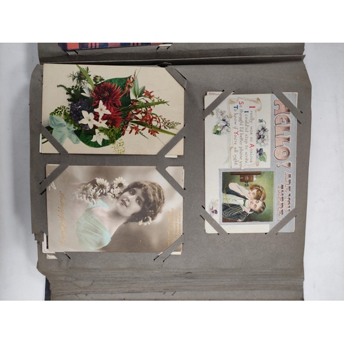 98A - POSTCARDS.  Old floral pattern album containing approx. 129 old postcards, sentimental &am... 