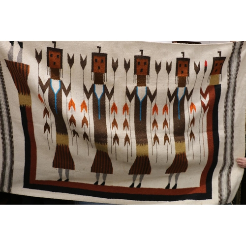 396 - Handwoven American Indian Blanket, with elongated figural decoration in orange, brown and blue on a ... 