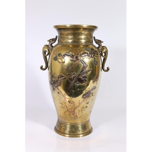 402 - 19th century Japanese inlaid mixed metal vase with chi lung handles, the body decorated with onlaid ... 