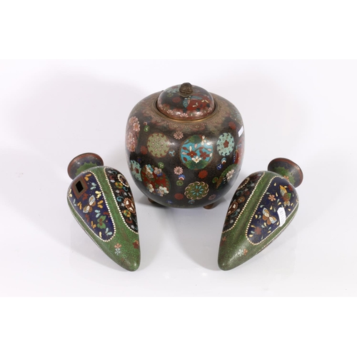 412 - Pair of 19th century cloisonne wall vases of teardrop shape, the green ground decorated with blue pa... 