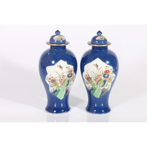 429 - Small pair of 19th century powder blue baluster vases with domed covers, decorated with panels of bu... 