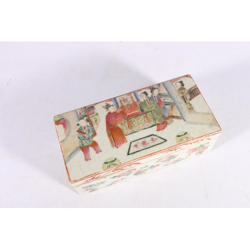 436 - 19th century Canton famille rose box and lid of rectangular form with divided interior, the lid deco... 