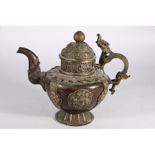 441 - Large, late 19th century Tibetan wine or water jug, with domed lid and dragon handle, the bronze bod... 