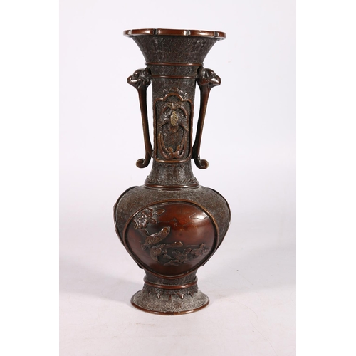 442 - Japanese bronze vase, the long neck with elongated faux handles, decorated with panels of birds and ... 