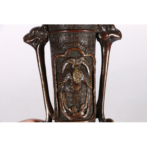 442 - Japanese bronze vase, the long neck with elongated faux handles, decorated with panels of birds and ... 