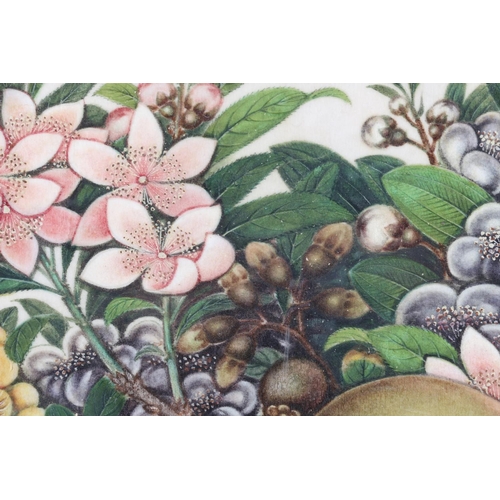 446 - Well painted 19th century Chinese pith paper painting, depicting fruits and multiple flowers, 19cm x... 