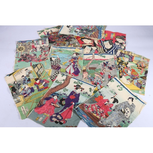 447 - Twenty early 20th century crepe paper woodblock prints depicting Geisha, Samurai, and other scenes, ... 