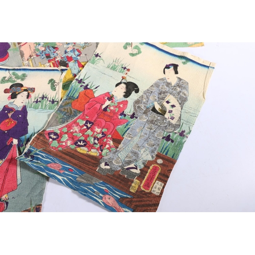 447 - Twenty early 20th century crepe paper woodblock prints depicting Geisha, Samurai, and other scenes, ... 