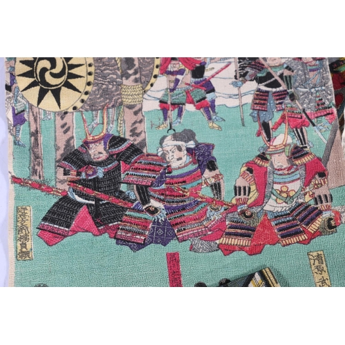 447 - Twenty early 20th century crepe paper woodblock prints depicting Geisha, Samurai, and other scenes, ... 