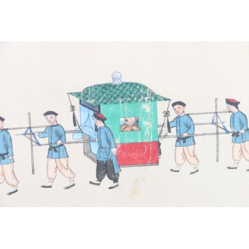 455 - Small late 19th century Chinese painting on silk depicting a figure in a palanquin with attendants a... 