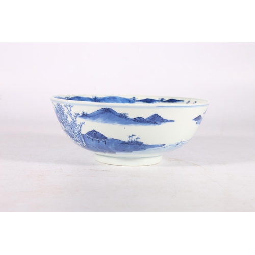 456 - Late 19th century blue and white bowl decorated with landscape scenes to the exterior and interior.