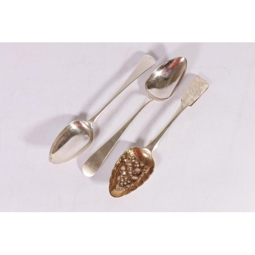 56 - George IV silver berry serving spoon with typical repousse bowl, fiddle pattern engraved with floral... 