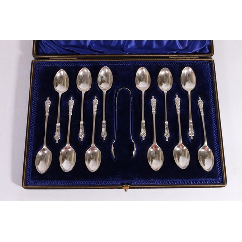 61 - Set of twelve Victorian apostle spoons and a pair of matching sugar tongs by Fenton Brothers Ltd, Sh... 