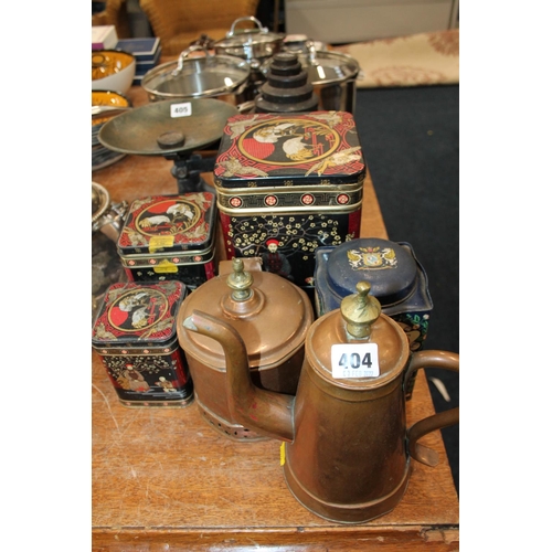 404 - Copper jug, a copper biscuit barrel and four vintage tins.