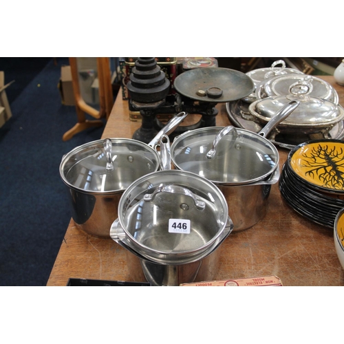 446 - Set of three Stellar saucepans and a milk pan.