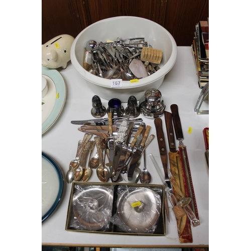 167 - Silver-plated flatware, condiments, a pair of Arthur Price candlesticks, etc.