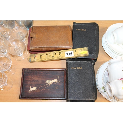 176 - Polar folding rule, two Bibles, a hardwood tray, a travel mirror, etc.