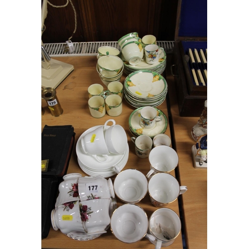 177 - Crown Staffordshire part coffee set, commemorative beakers, Wedgwood tea ware, etc.