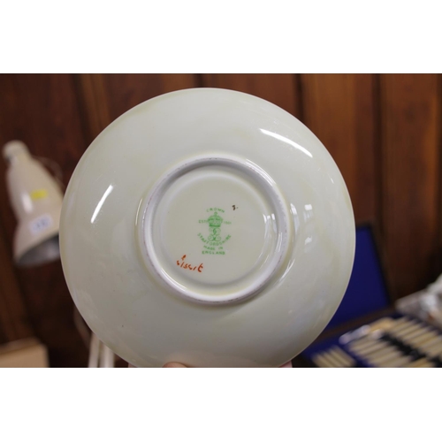 177 - Crown Staffordshire part coffee set, commemorative beakers, Wedgwood tea ware, etc.