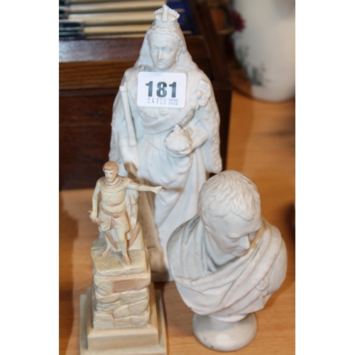 181 - Ceramic figure of the Wallace Statue in Aberdeen, a bust of Walter Scott, and another.&nbsp; (3)