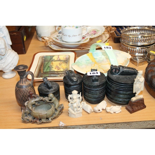 184 - Ivory models to include three wise monkeys, hardstone pots and covers, etc.