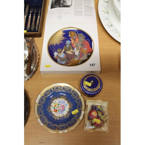 187 - Hutschenreuther collector's plate, two Crown Staffordshire floral decorated plates, a Vienna style p... 