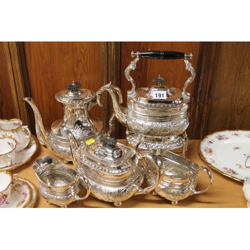 191 - Five piece silver-plate teaset comprising spirit kettle, teapot, hot water pot, sugar and cream.