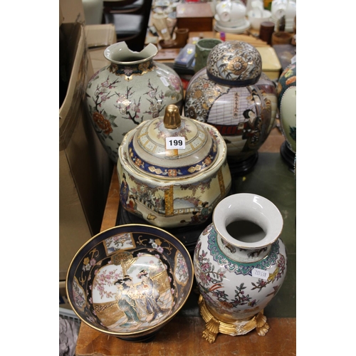 199 - Oriental ginger jars and covers, vases, a bowl and stand, etc.