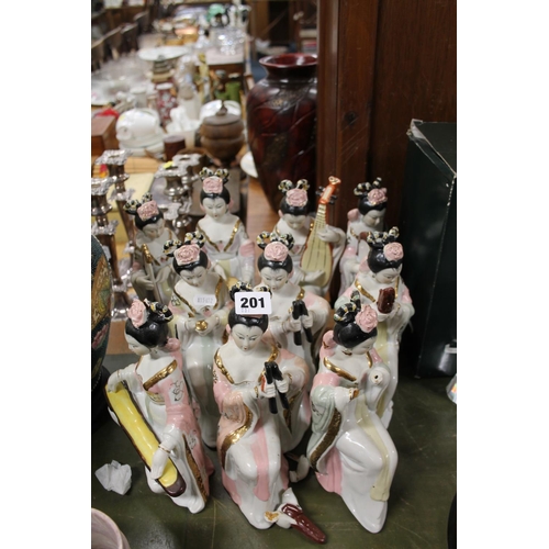 201 - Ten reproduction oriental geisha figures.