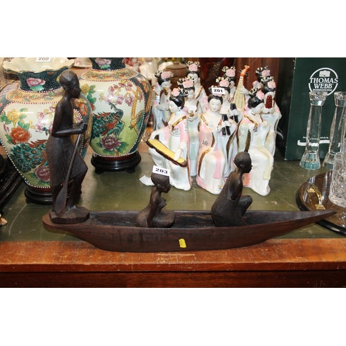 203 - African canoe model with figures.