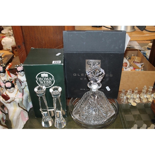 204 - Pair of Thomas Webb crystal candlesticks and a Gleneagles crystal decanter.