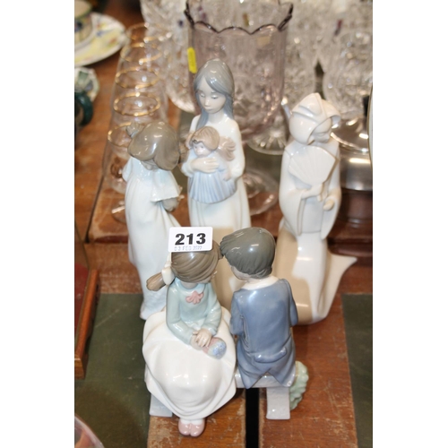 213 - Three Nao figure groups and an Enesco Japanese lady.&nbsp; (4)